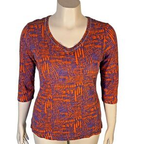 Bay Studio Top Womens M Purple Orange Tribal Print V-Neck Tee Shirt Silver Accen